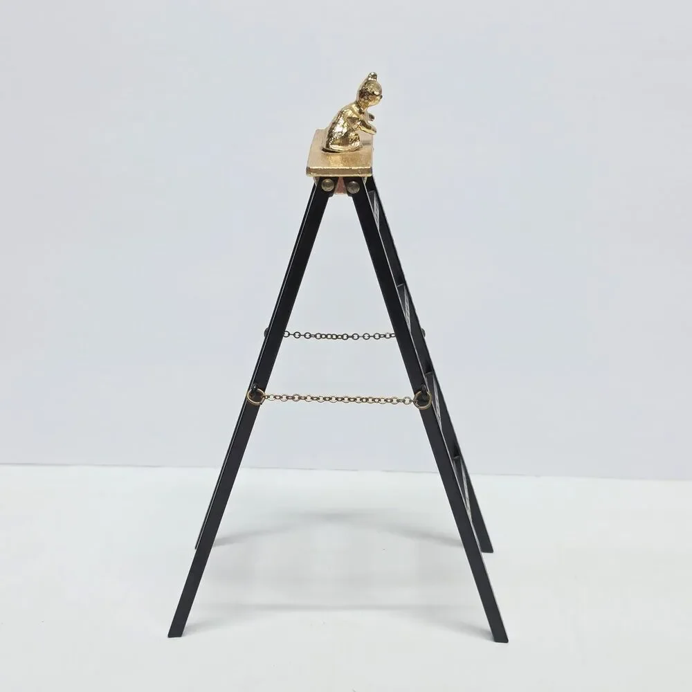 Vintage Jameco Gold Tone Kitten Cat Black Ladder Earrings Holder Stand Organizer